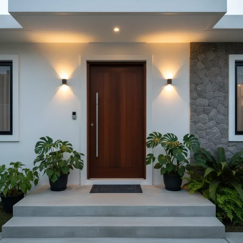 Timber front door of a modern home at dusk, with warm wall lights and a small doorbell beside the door