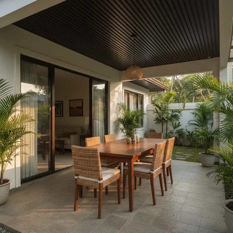Covered lanai dining area with a wooden table and rattan chairs opening onto a garden