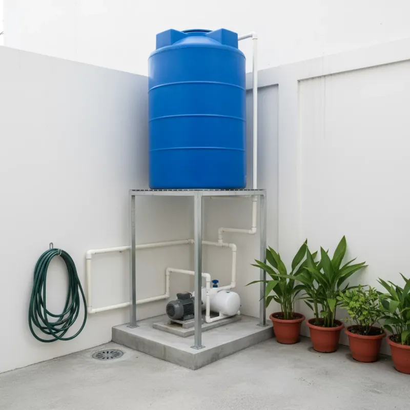 Home service area with a water tank on a steel stand and a small water pump